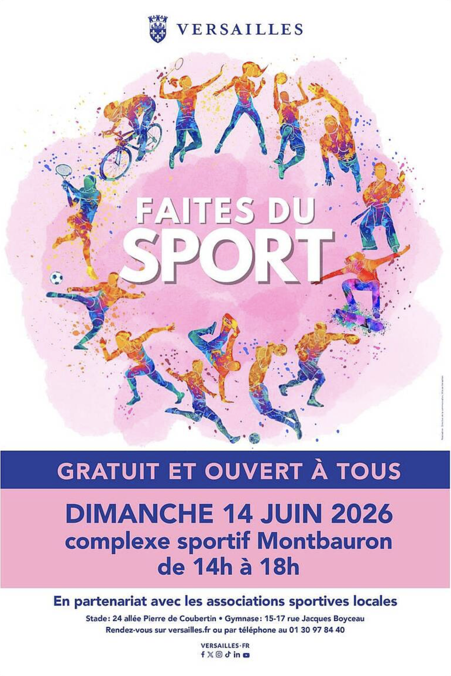 Venez participer à l’évènement "Faites du Sport" organisé par la Mairie de Versailles le dimanche 14 juin au Complexe sportif de Montbauron. Nous y organiserons de 14h à 18h des démonstrations et séance d’initiation. Ce sera aussi l’occasion de nous réunir autour d’un pique-nique convivial à partir de midi. On vous attend avec votre kimono pour faire connaitre notre belle discipline.